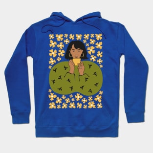 Woman with coffee and flowers Hoodie